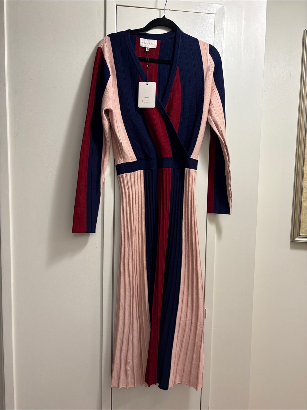 Adelyn Rae Tri-Color Ribbed Wrap Midi Dress โ Navy, Blush, Burgundy